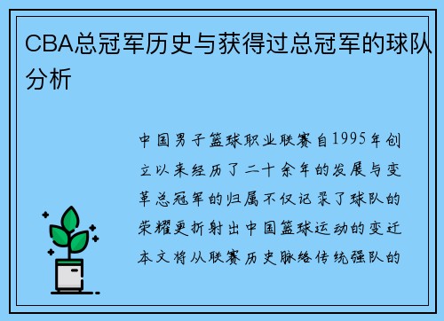 CBA总冠军历史与获得过总冠军的球队分析