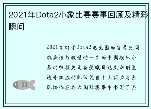 2021年Dota2小象比赛赛事回顾及精彩瞬间